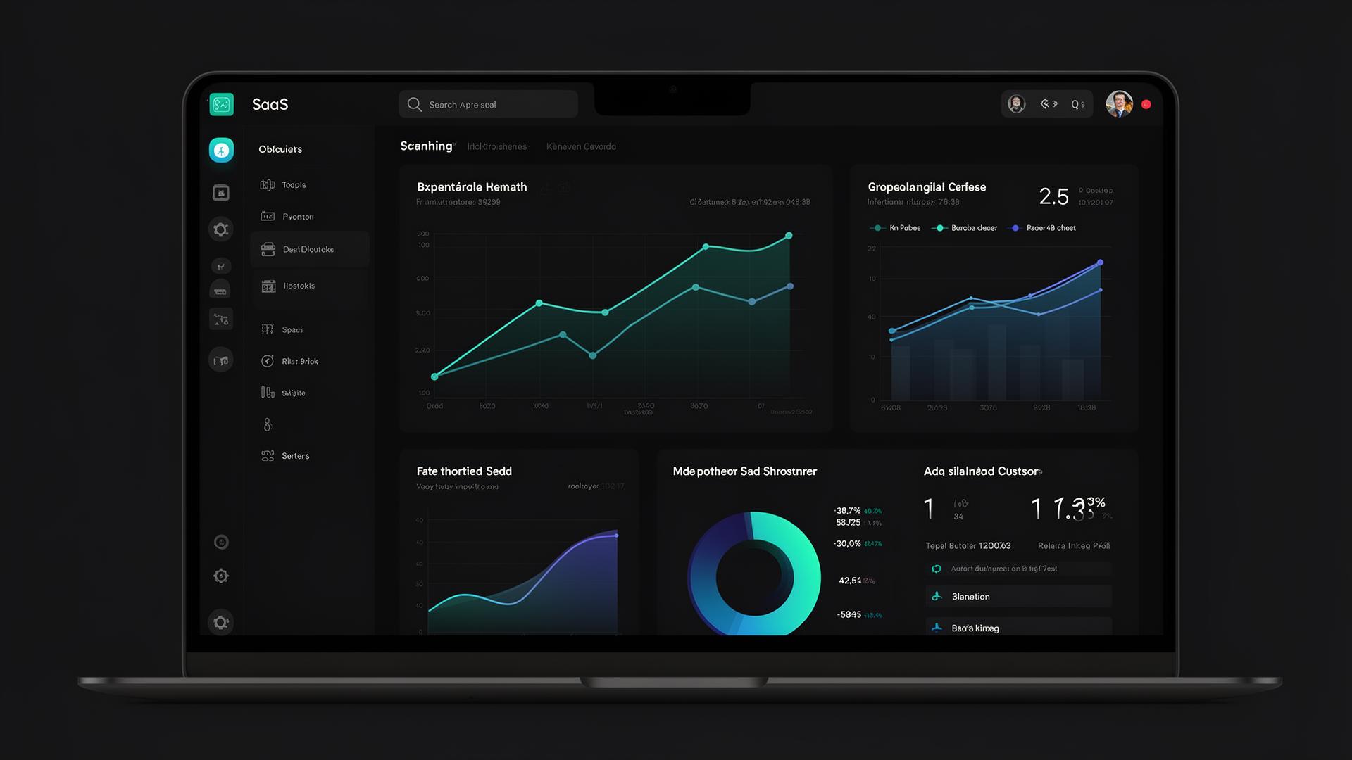 SaaS dashboard with teal and blue analytics charts